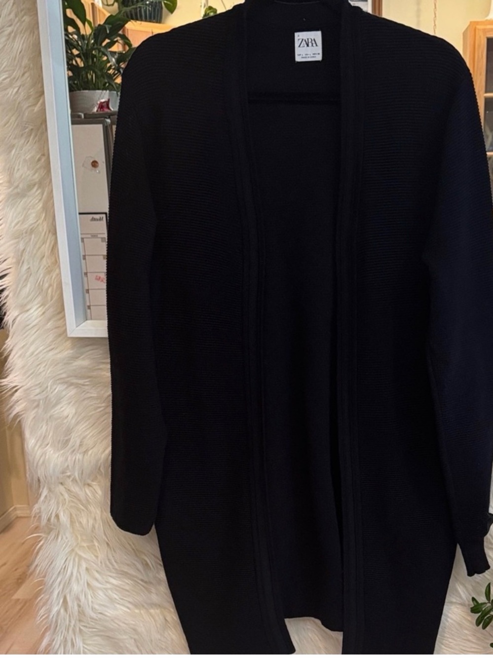 ZARA Black Open Front Longline Horizontal Ribbed Knit Cardigan